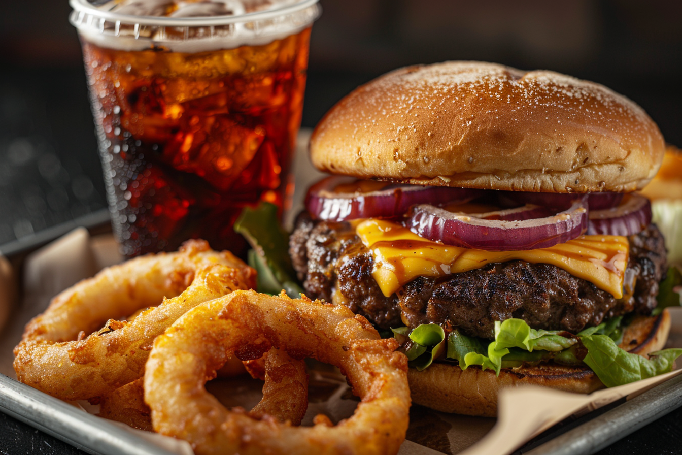 Cheeseburger and onion rings.