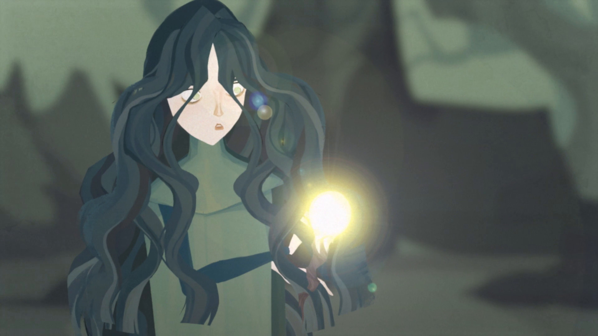 Torch animated short still of Rose holding a glowing light in a quiet character moment