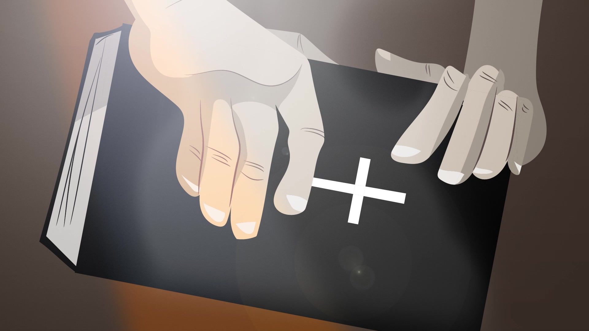 Hands resting on a black Bible as warm light begins to enter the animated scene.