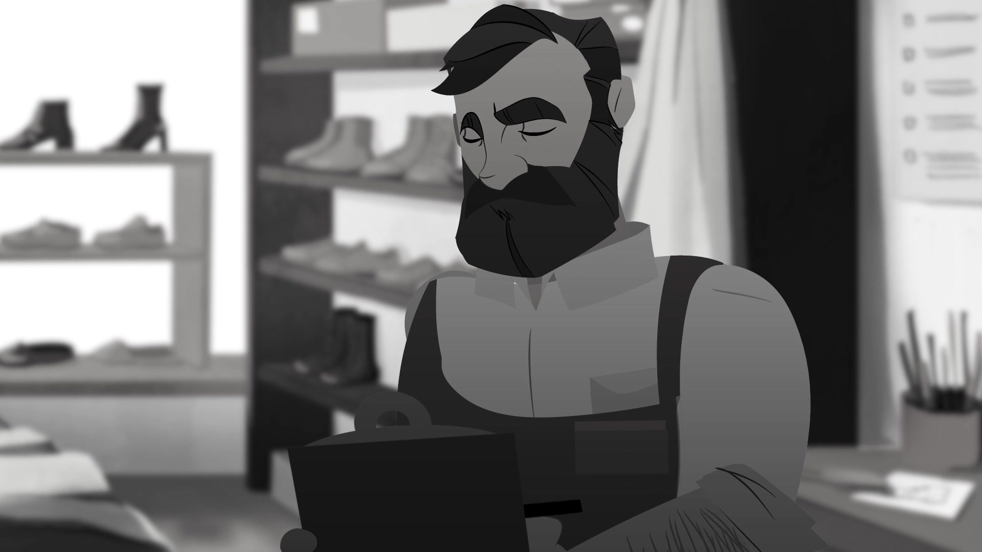 Moody standing in a nineteenth-century shoe shop, holding a book in a muted animated scene.