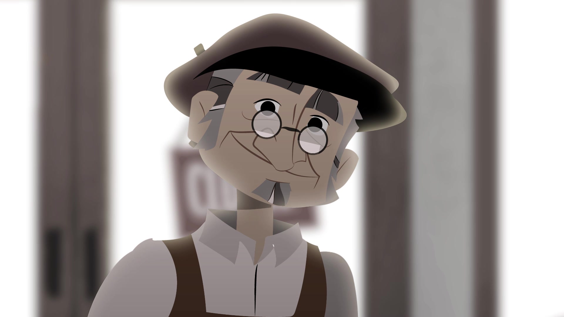 A kind gospel visitor smiling inside the Boston shoe shop in the Humble Beginnings film.