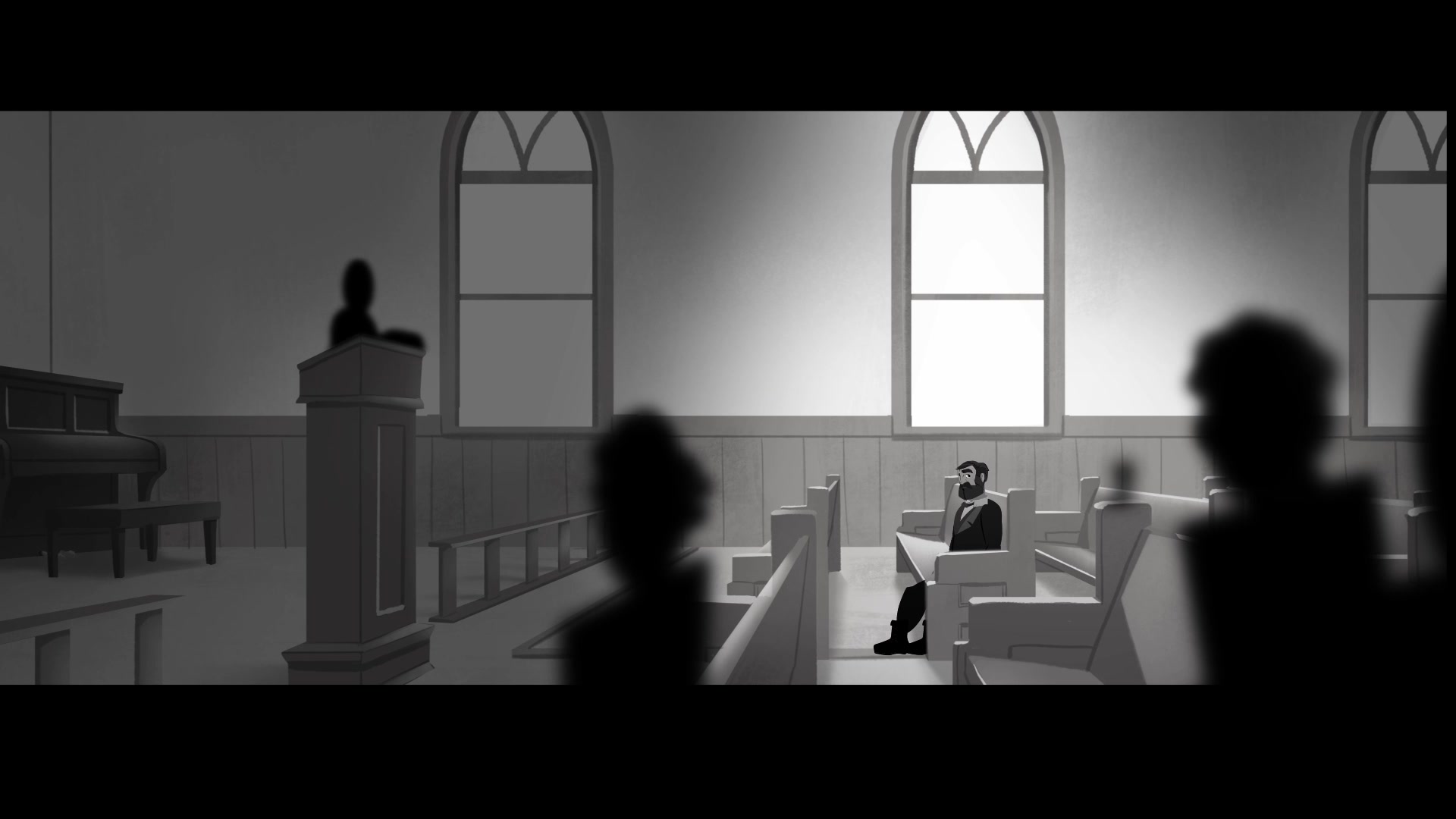 Moody seated alone in a church as light enters through tall windows around him.