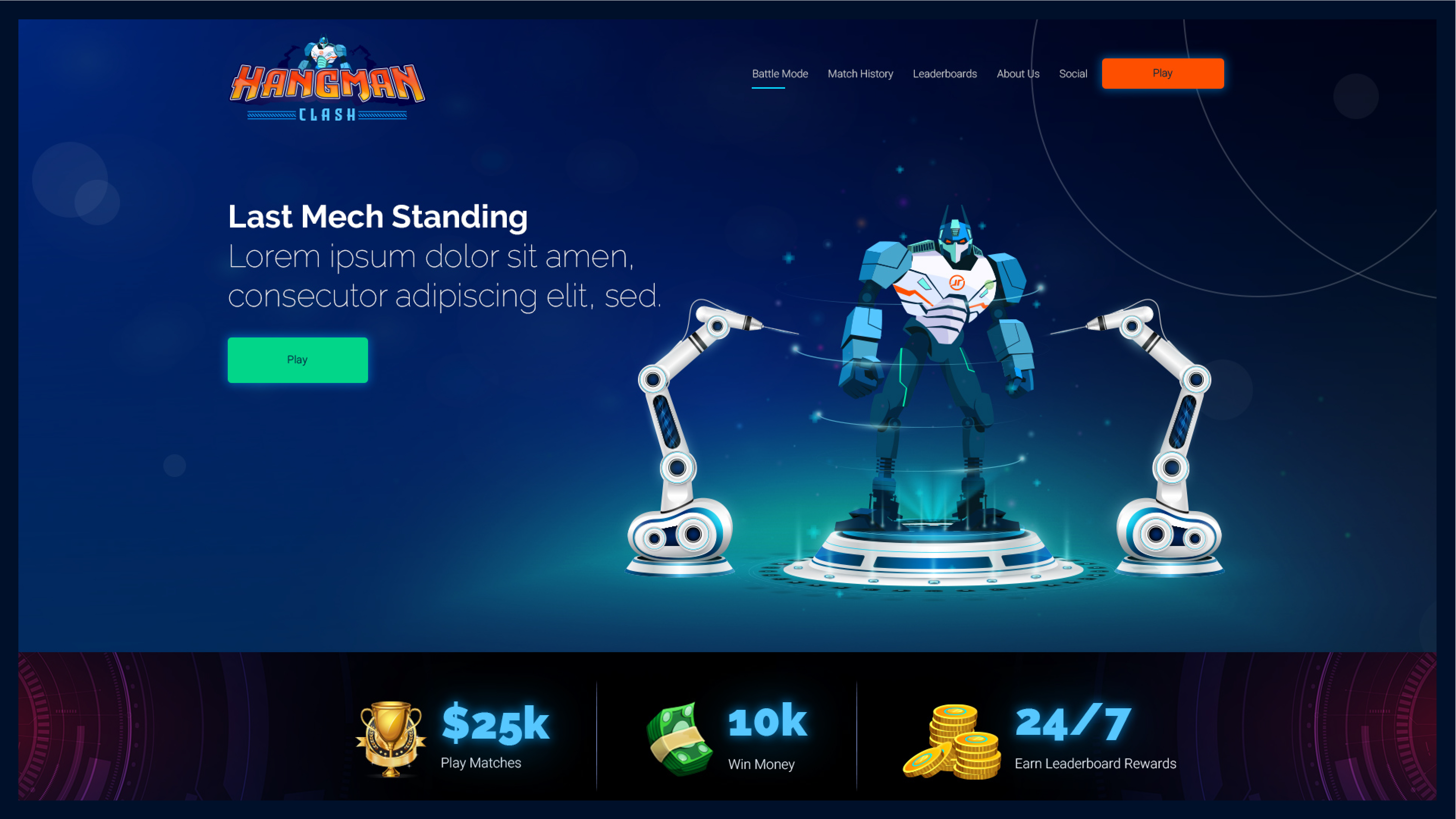 Hangman Clash website interface featuring the robot character