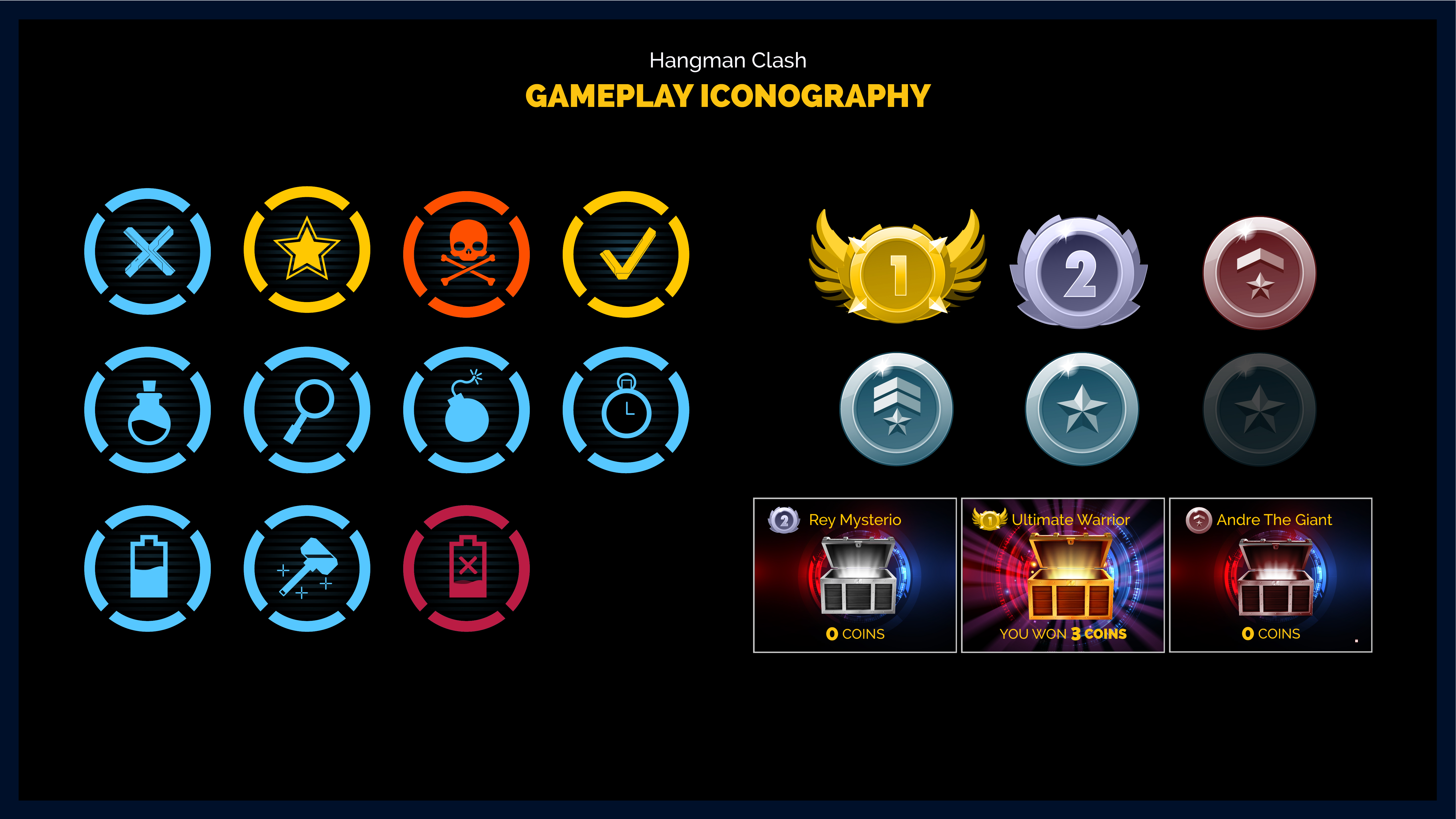 Hangman Clash game UI, tournament screens, and advertising artwork