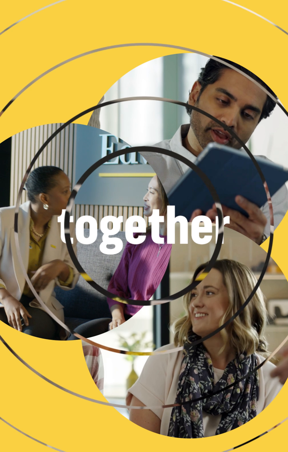 Edward Jones stage-screen motion graphics combining advisor imagery with branded circular graphic patterns