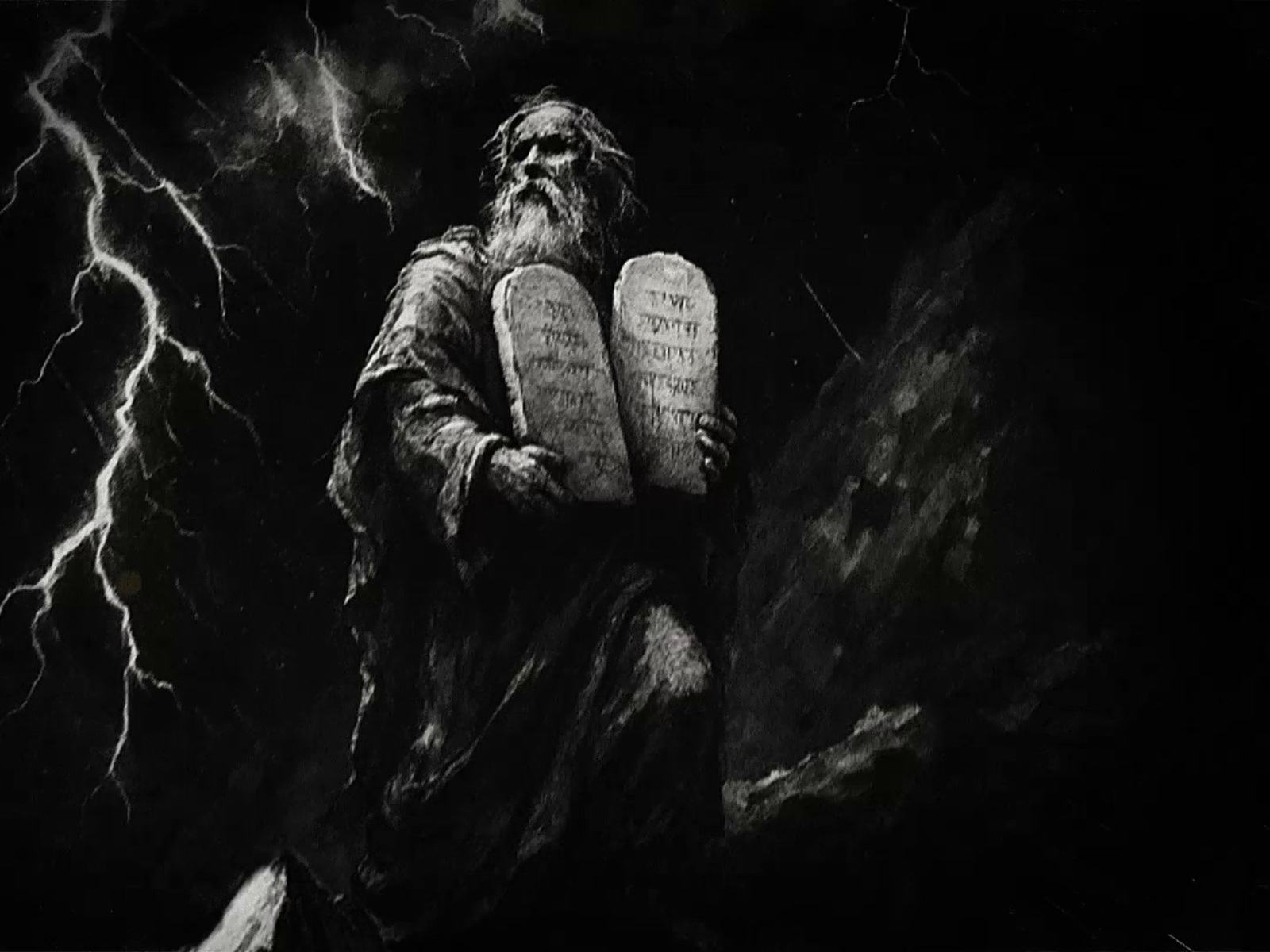 Illustrated Moses holding stone tablets amid lightning for the Element Church Christmas biblical narrative