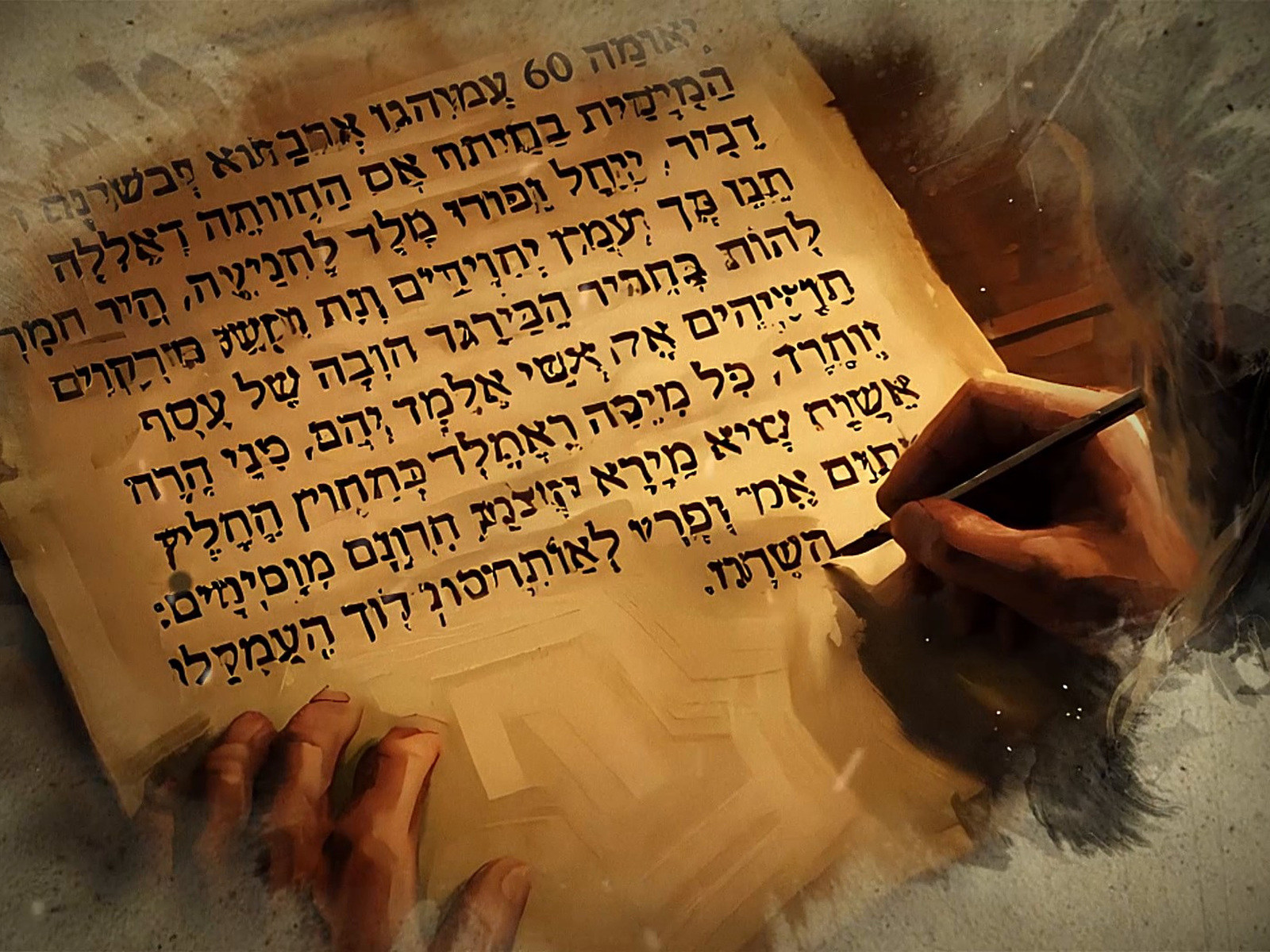 Warm parchment scene of a hand writing Hebrew text for the Element Church historical Christmas narrative