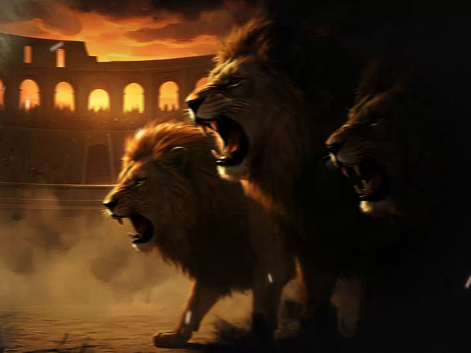 Roaring lions before an ancient arena in a warm cinematic biblical-history scene for Element Church