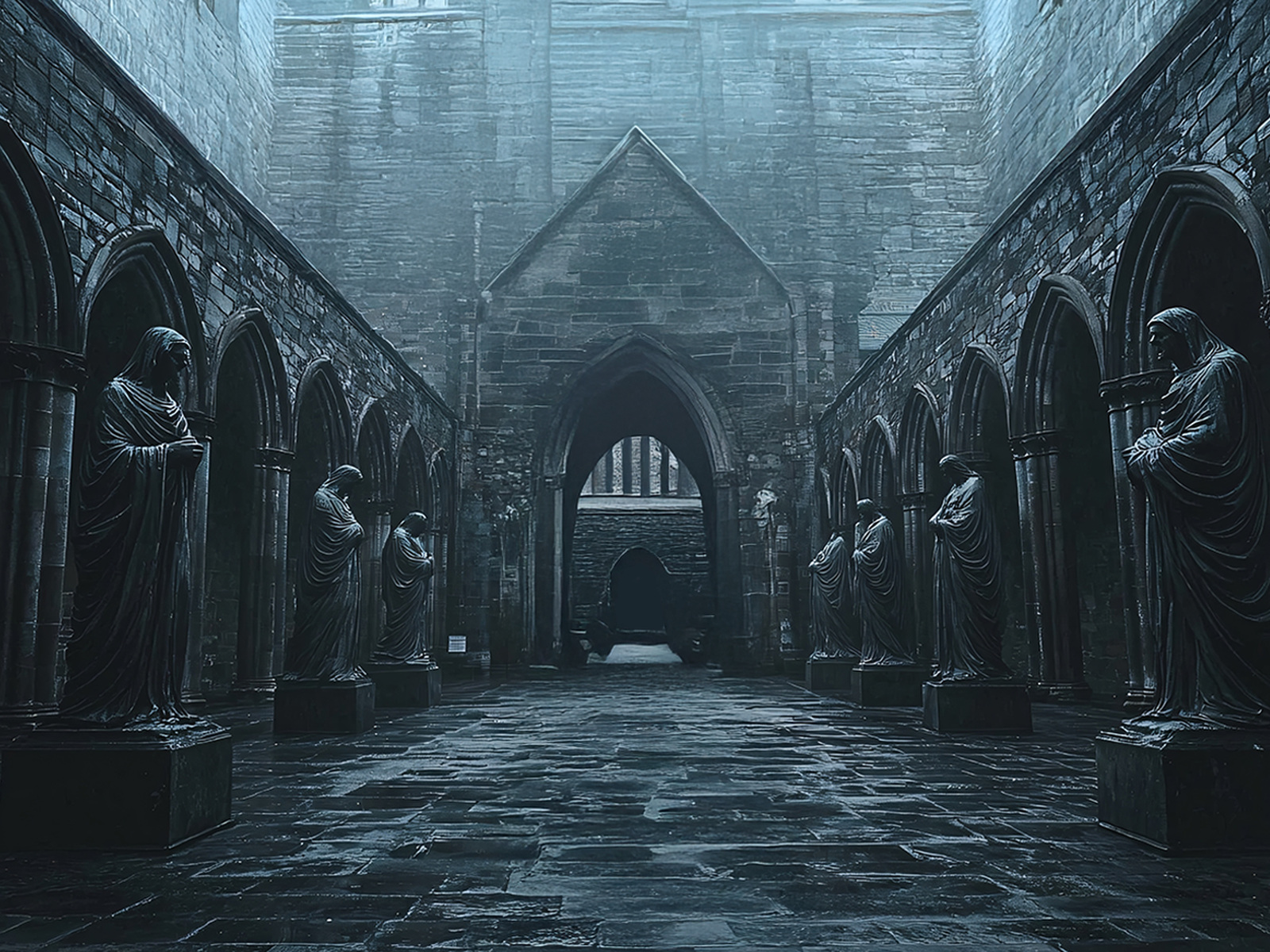 Blue-gray gothic courtyard lined with stone statues for the Element Church War on Light stage visuals