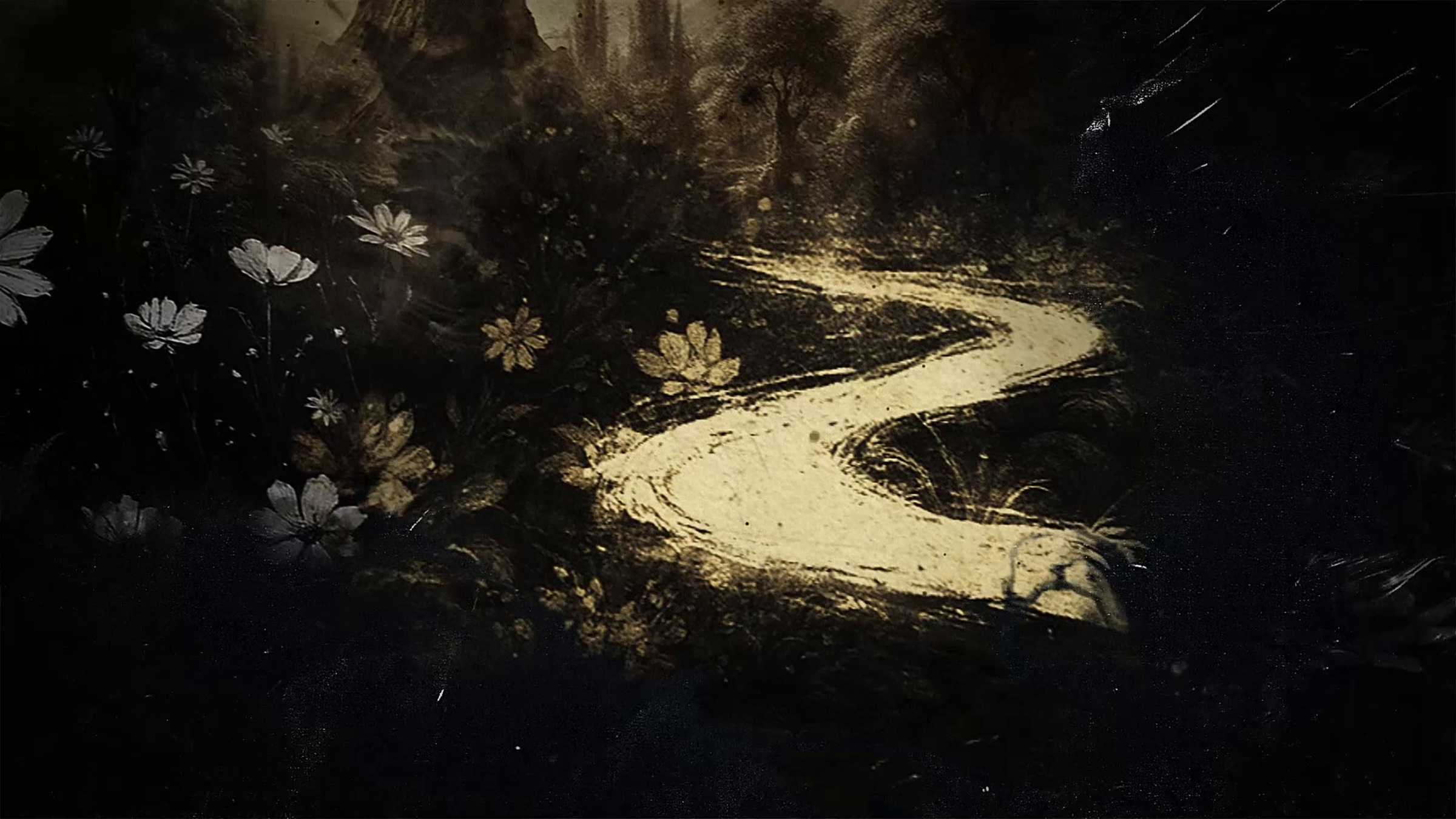 Dark etched illustration of a winding path and flowers from the Element Church Christmas animation