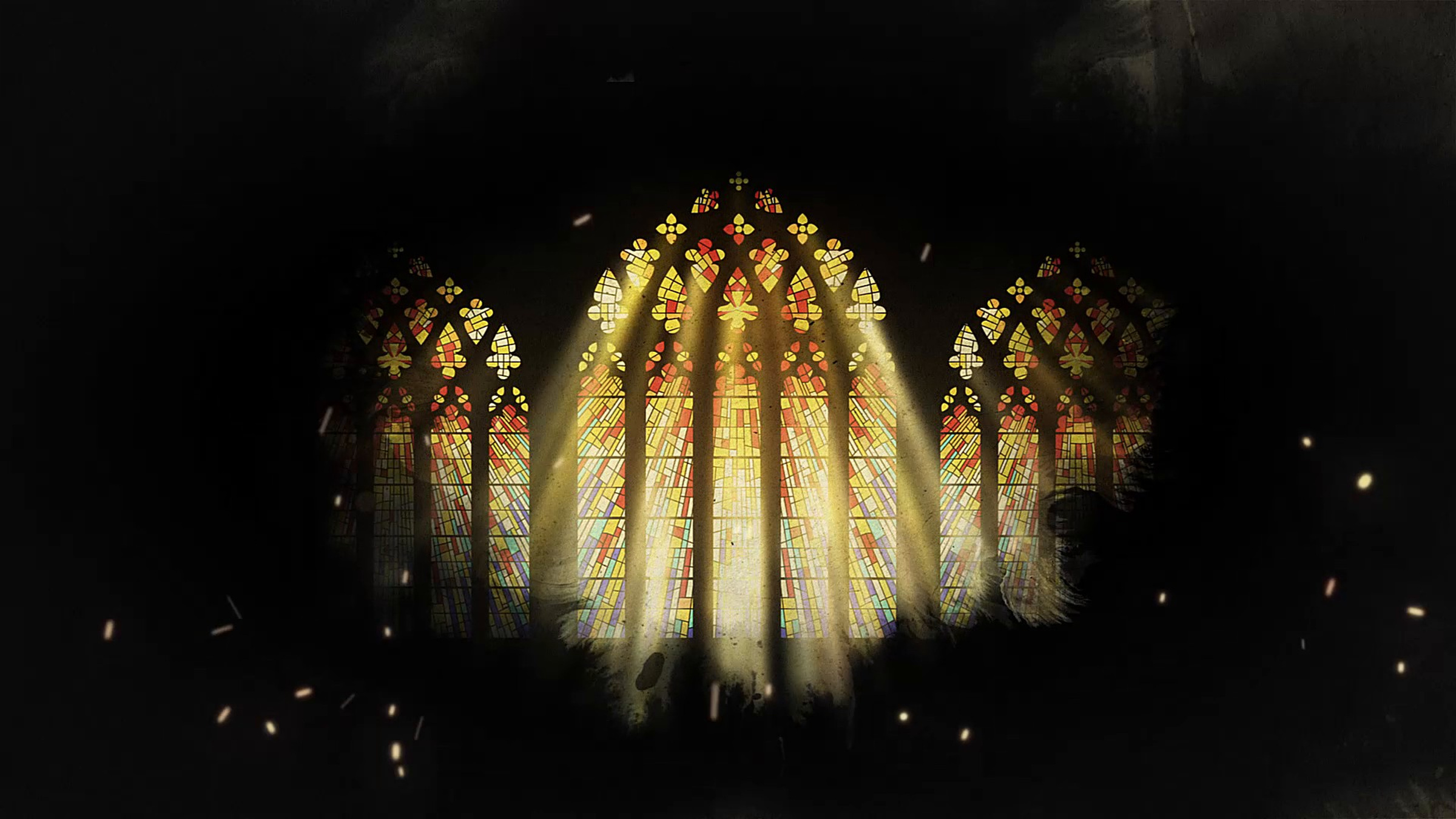 Stained-glass church windows casting golden beams through darkness for the Element Church Christmas worship visuals