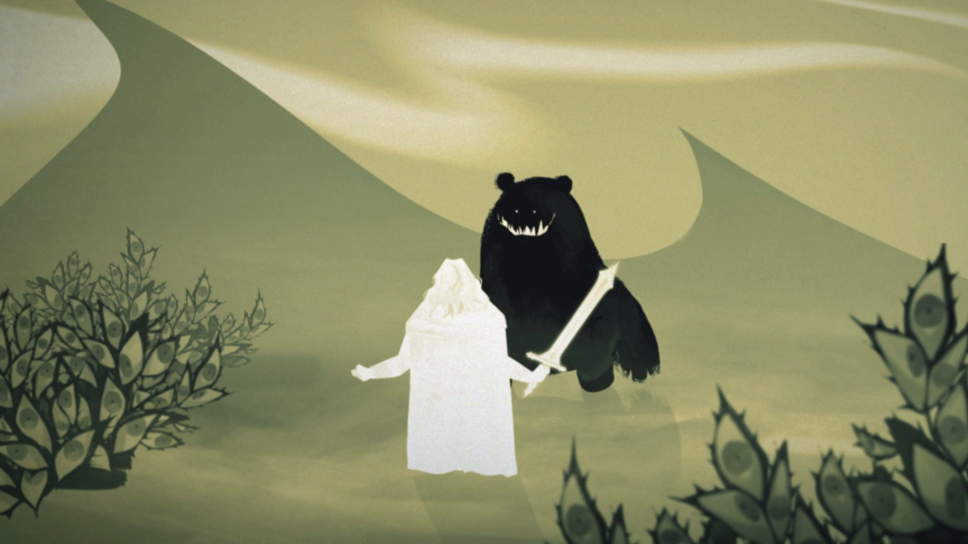 Torch animated short still of Titan facing a massive shadow bear in a cinematic battle scene