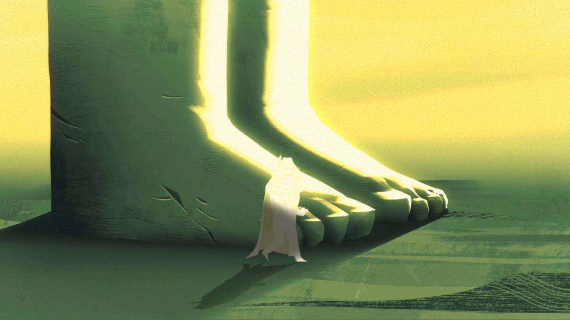 Torch animated short still emphasizing giant scale through monumental feet and environment design