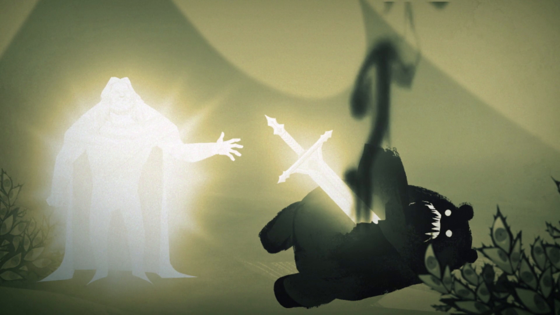 Torch animated short still of Titan wielding a glowing sword of light