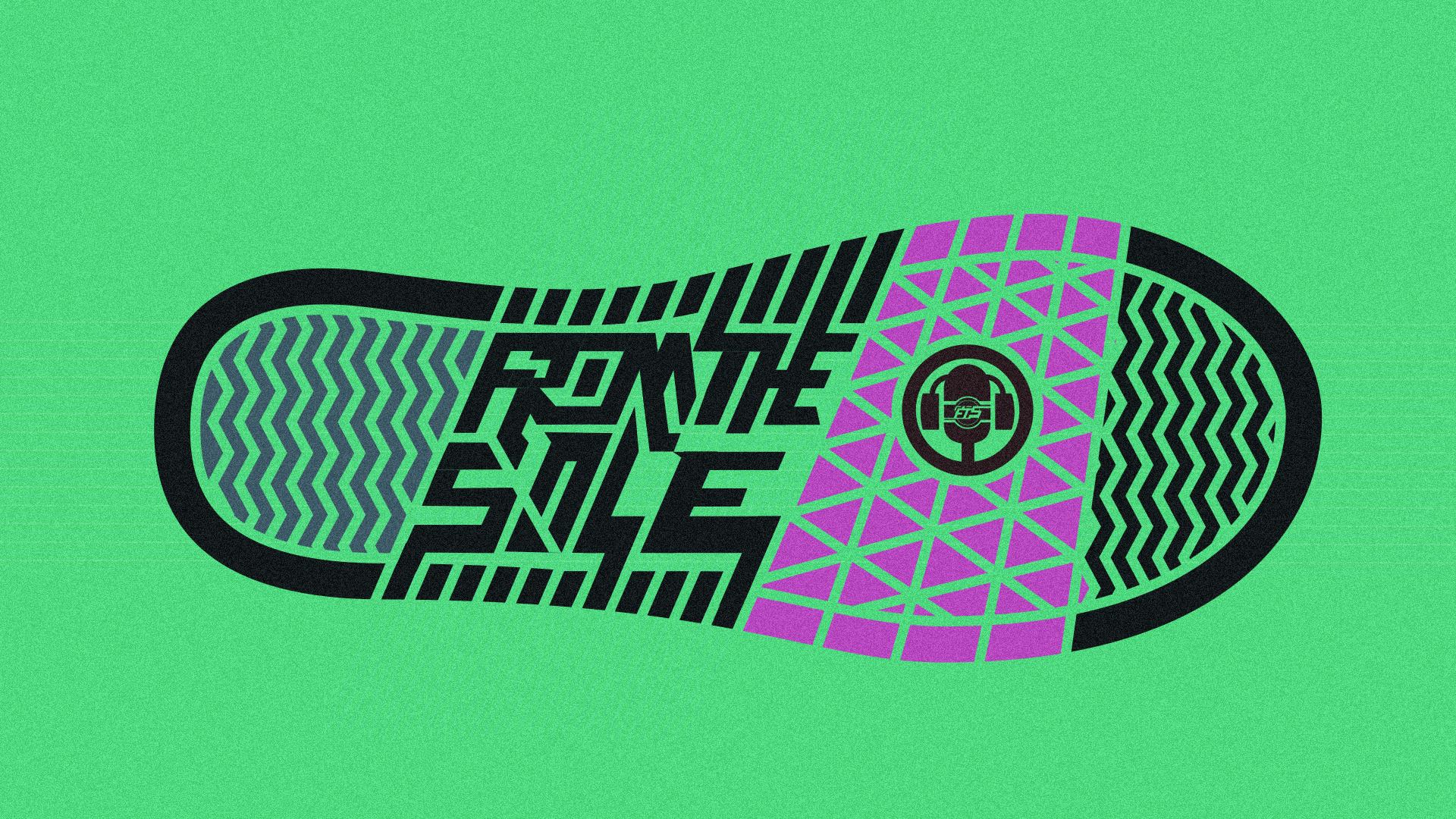 From The Soul podcast wordmark and microphone emblem arranged inside a sneaker sole graphic on green