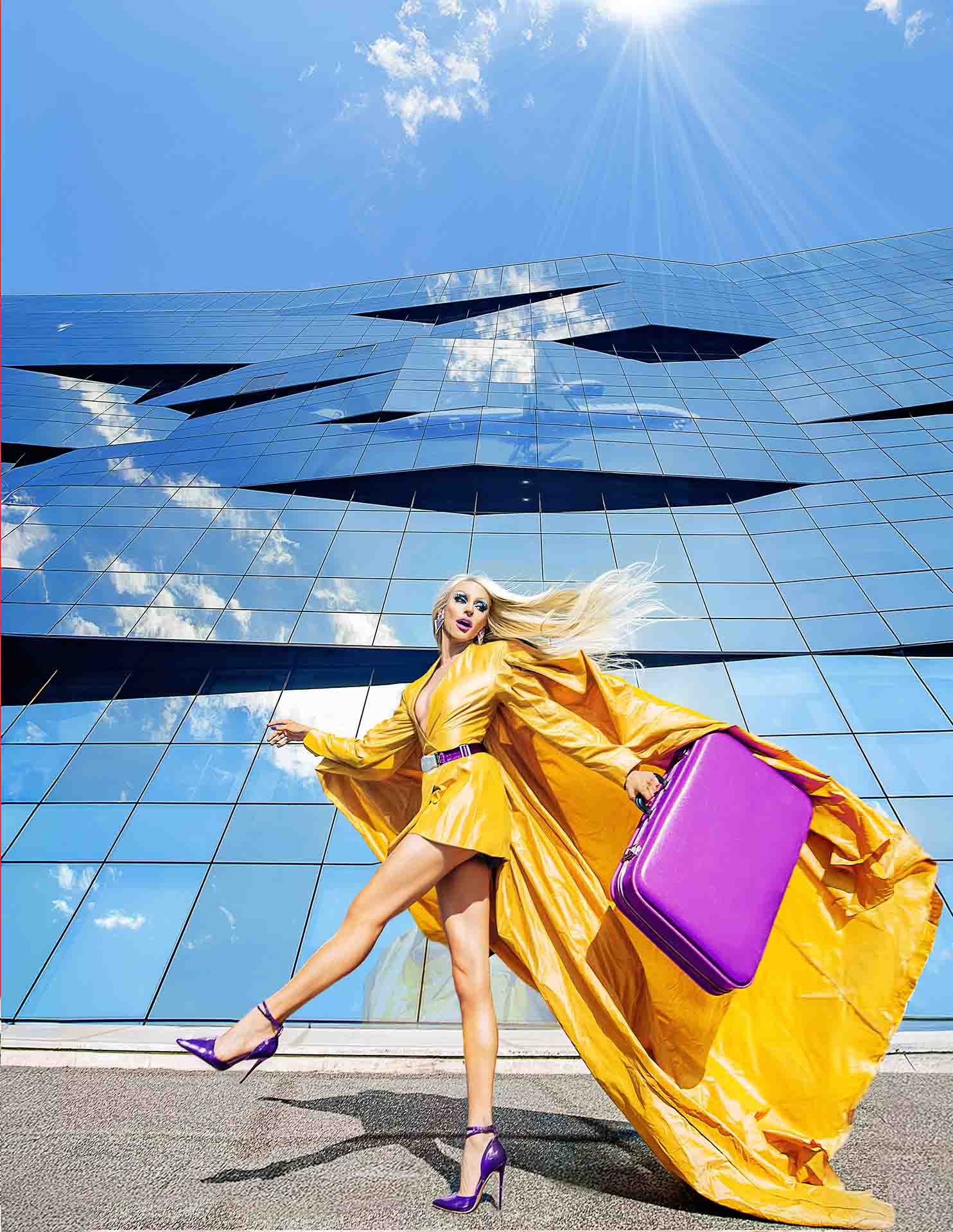 Visitor in neon yellow puffer jacket interacting with airport-inspired installation at Lufthansa Unhide New Worlds pop-up, Truman Brewery