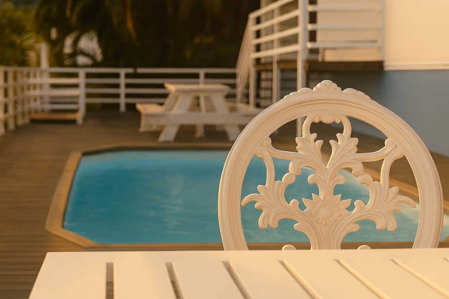 Ornate cream-colored chair back in front of a pool with a wooden deck and picnic tables in the background. In a Martinique Diamant Villa for 20 Persons.