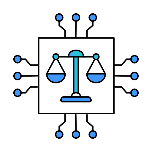 Icône d'une balance symbolisant l'IA responsable entourée de points bleus.