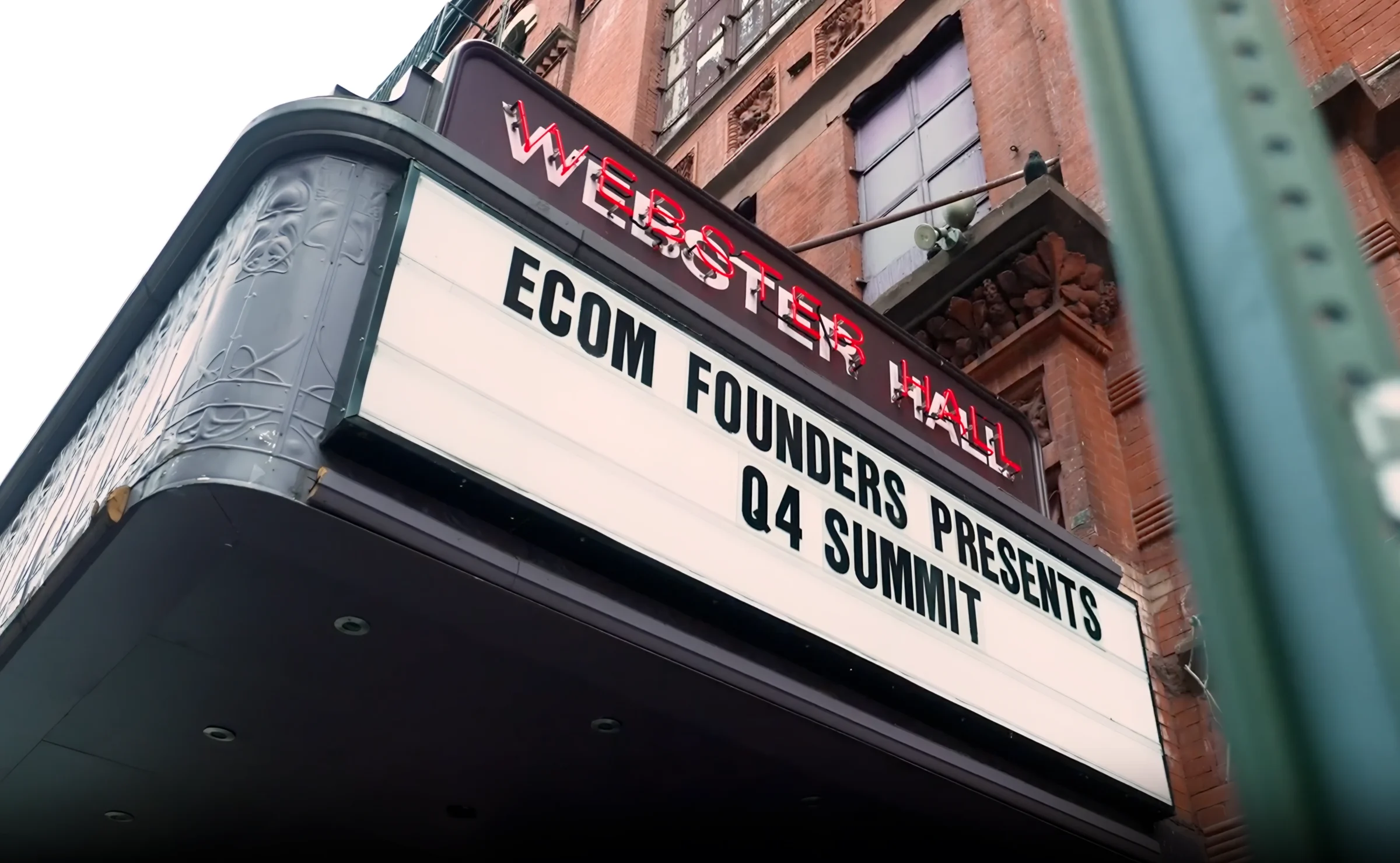 The Webster Hall marquee reading Ecom Founders Presents Q4 Summit