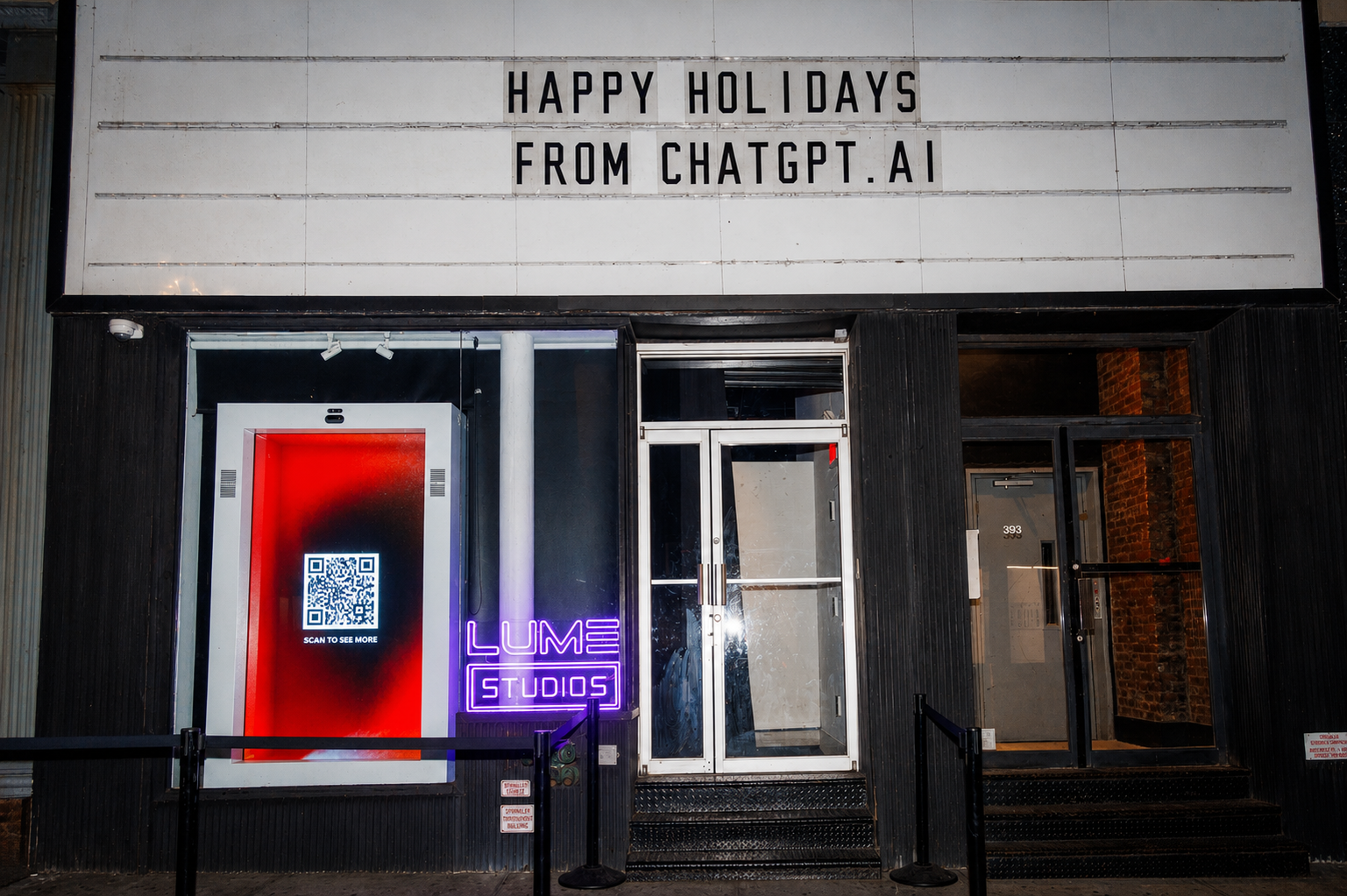 LUME Studios marquee reading Happy Holidays from ChatGPT.ai, 393 Broadway NYC