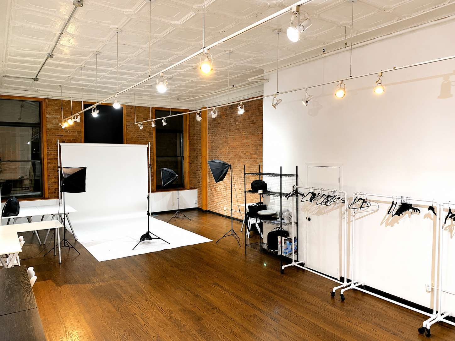 LOFT 2 set up as a photo studio with backdrop and wardrobe racks