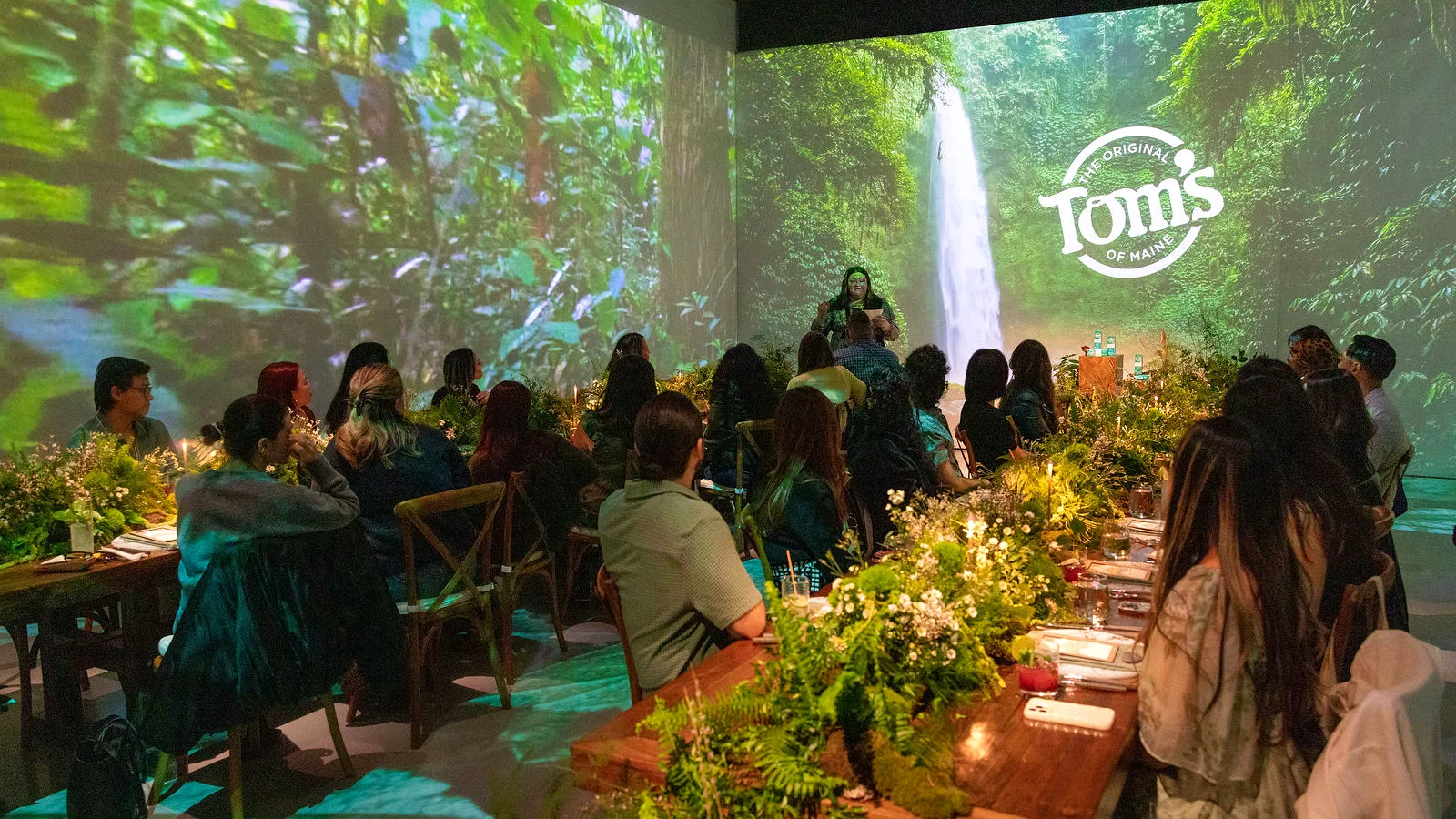 Guests dining under a projected jungle waterfall at LUME Studios
