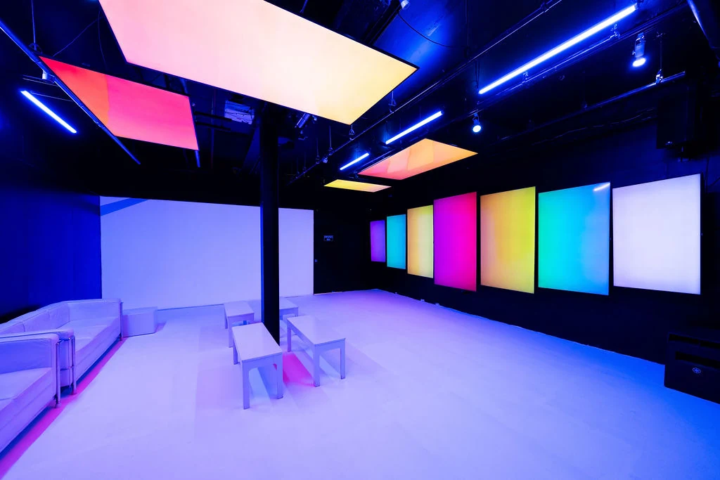 The Basement Lounge at LUME Studios lit with colorful LED panels for an after-party