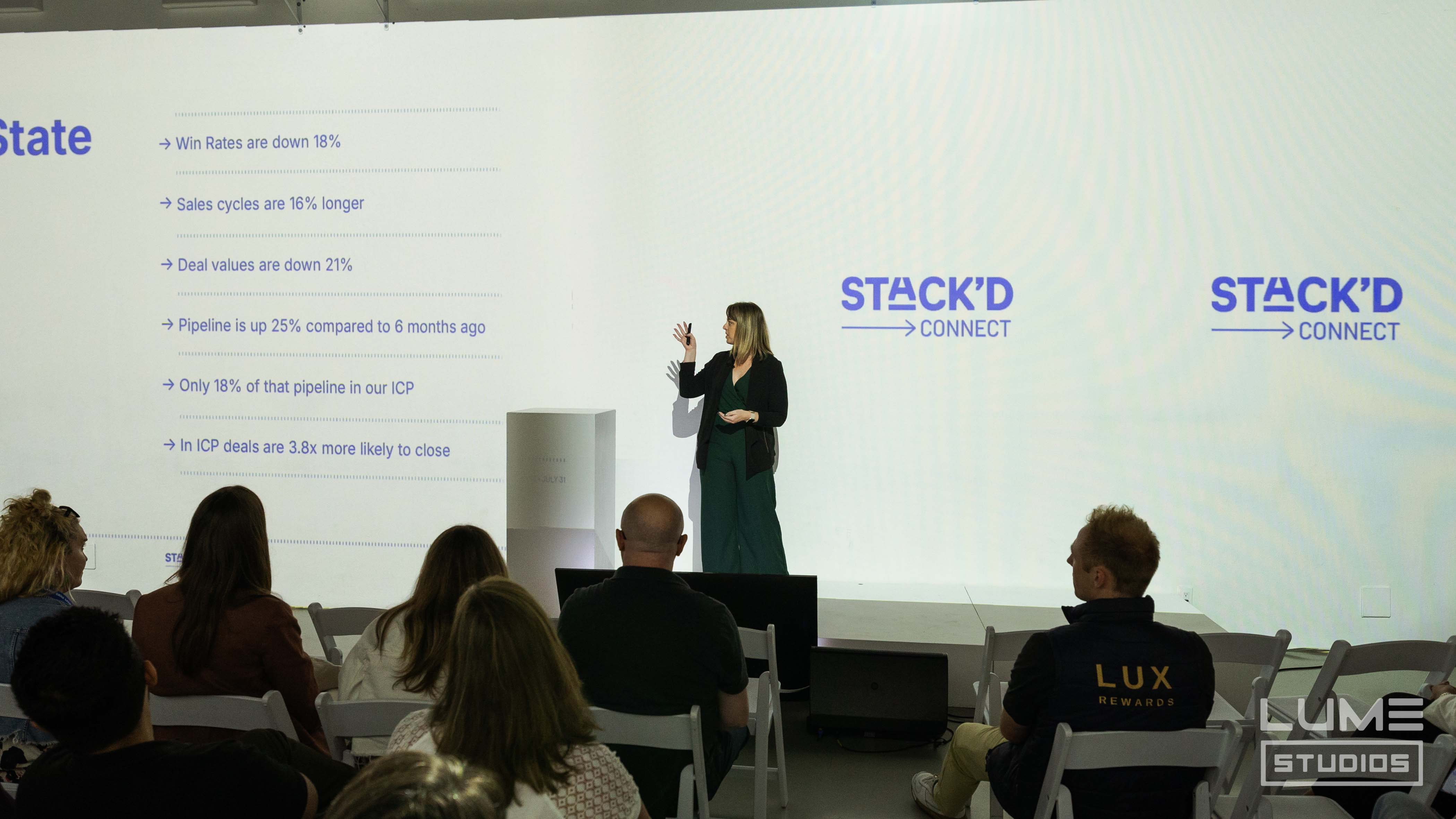 Speaker presenting data on a projected slide at a conference produced by LUME Studios