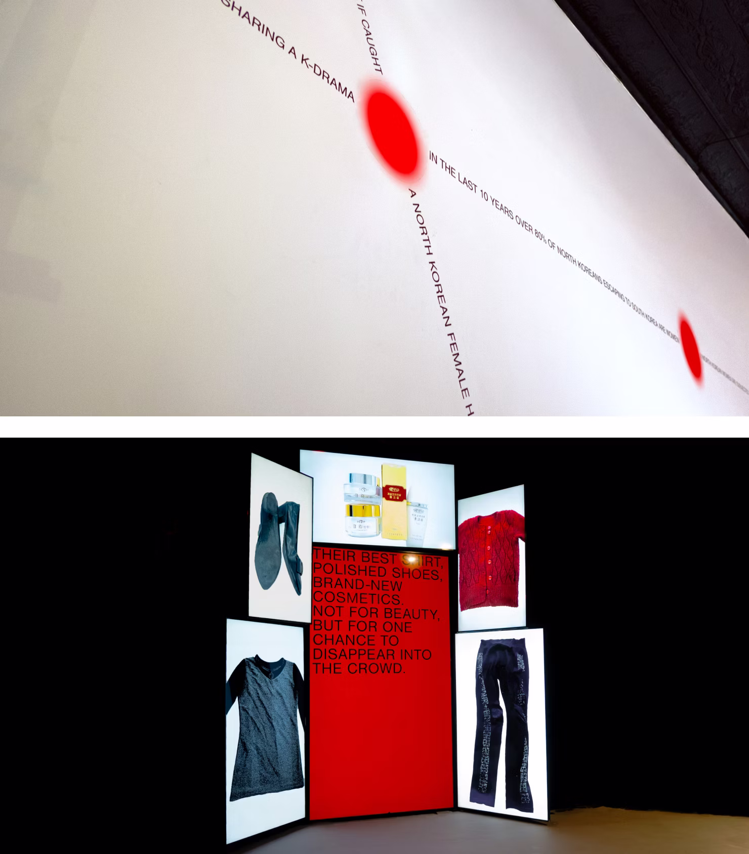 Typographic projection and lit clothing display panels from the Unseen exhibition at LUME Studios
