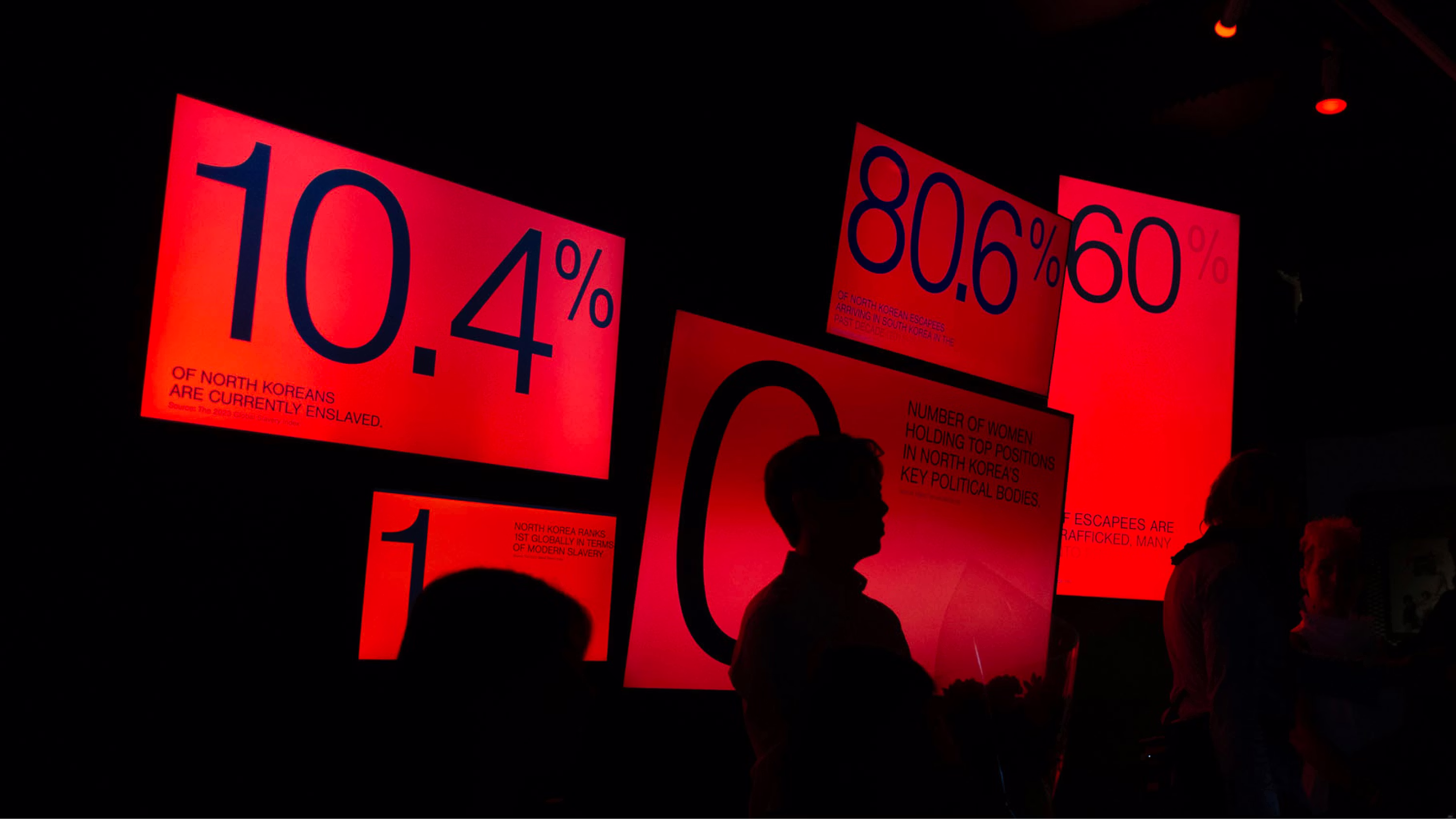 Silhouetted visitors among red illuminated statistic panels at the Unseen exhibit