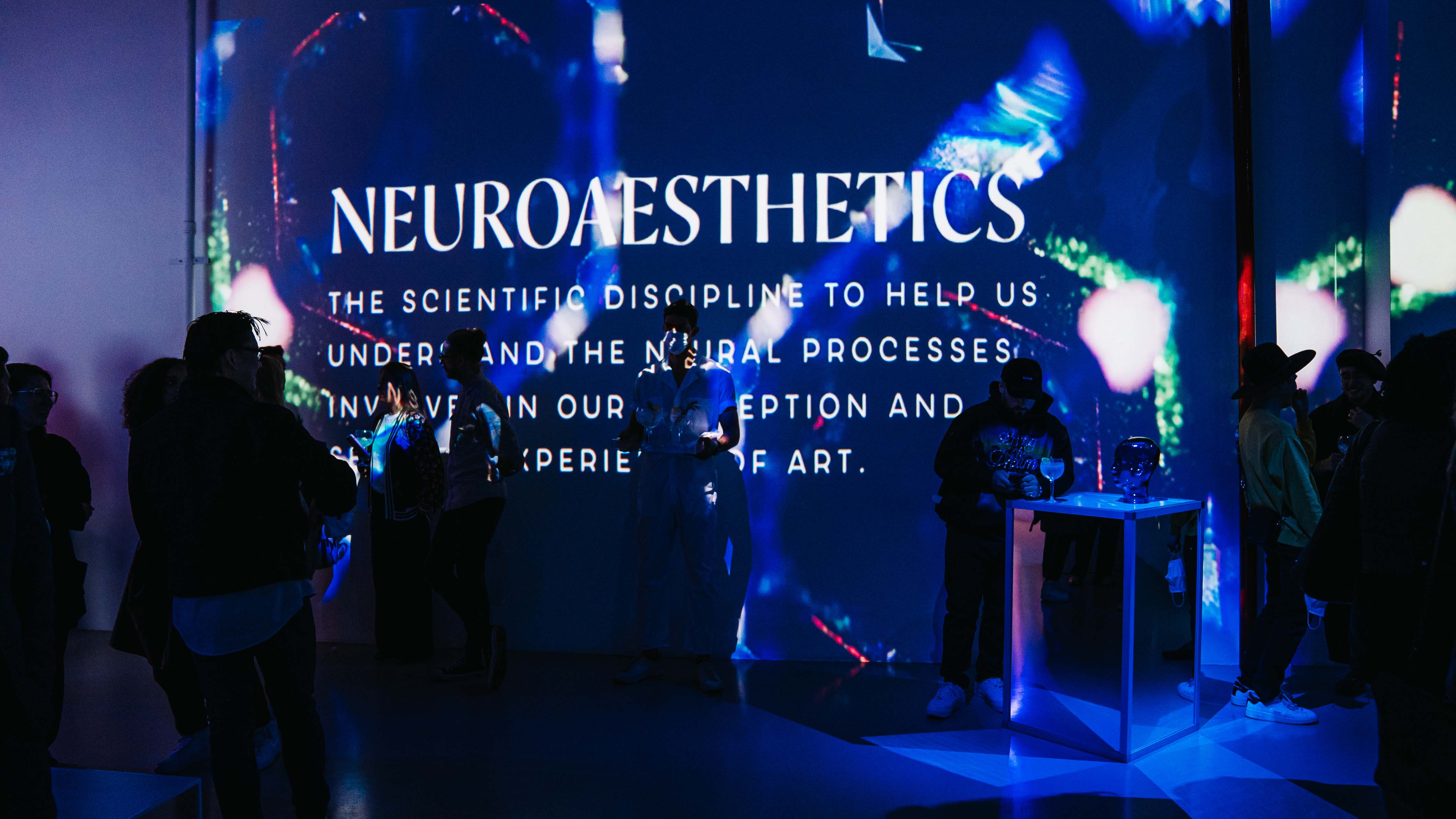 Neuroaesthetics wall projection in blue light at the Bombay Sapphire x Dan Lam event
