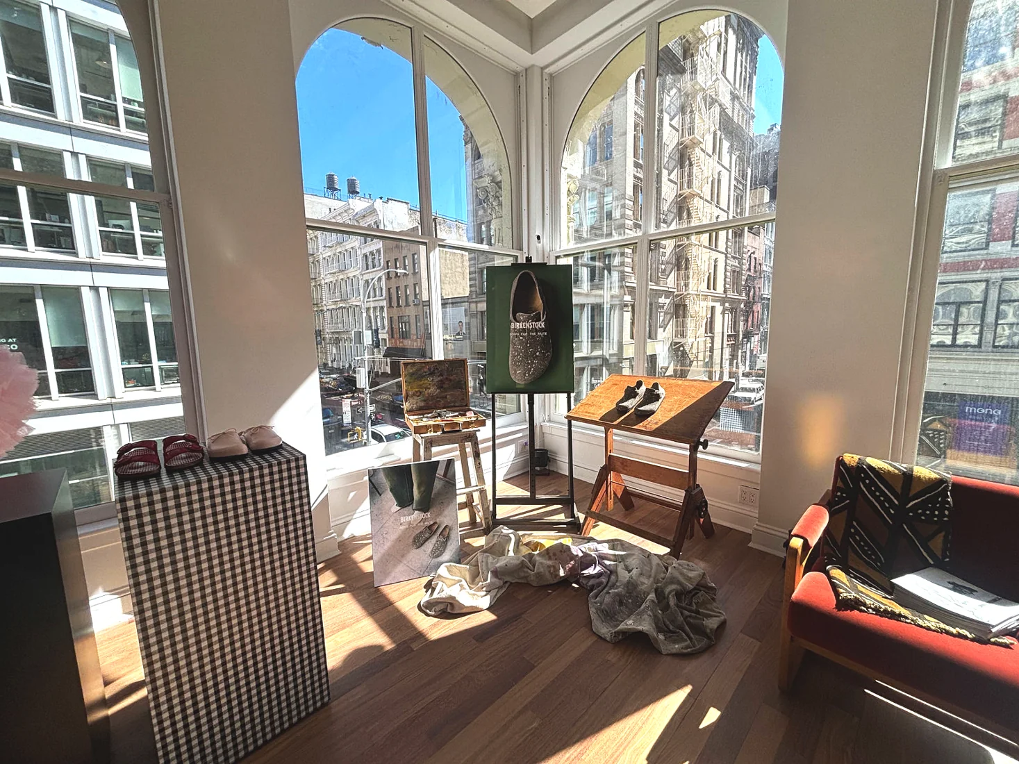 Birkenstock off-site showroom, window bay display, lighting and projection by LUME Studios