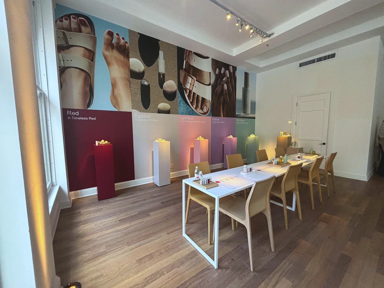 Birkenstock off-site showroom, product wall candles, lighting and projection by LUME Studios
