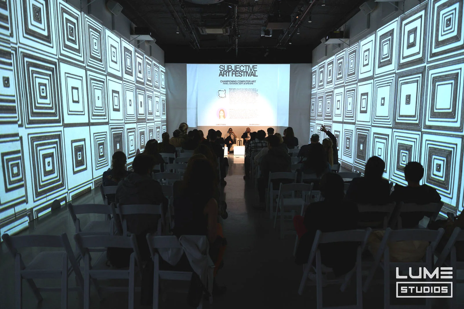 SUBJECTIVE Art Festival at LUME Studios, 393 Broadway, talk projected room