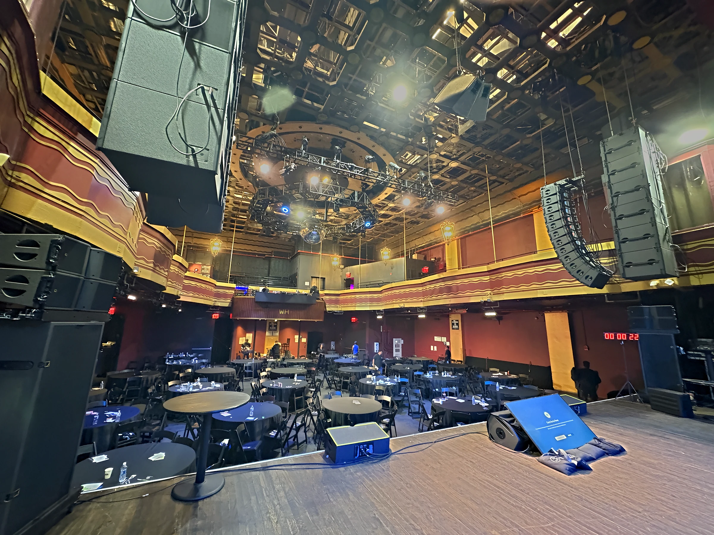 View from the Webster Hall stage past the line array speakers and monitors to the conference floor.