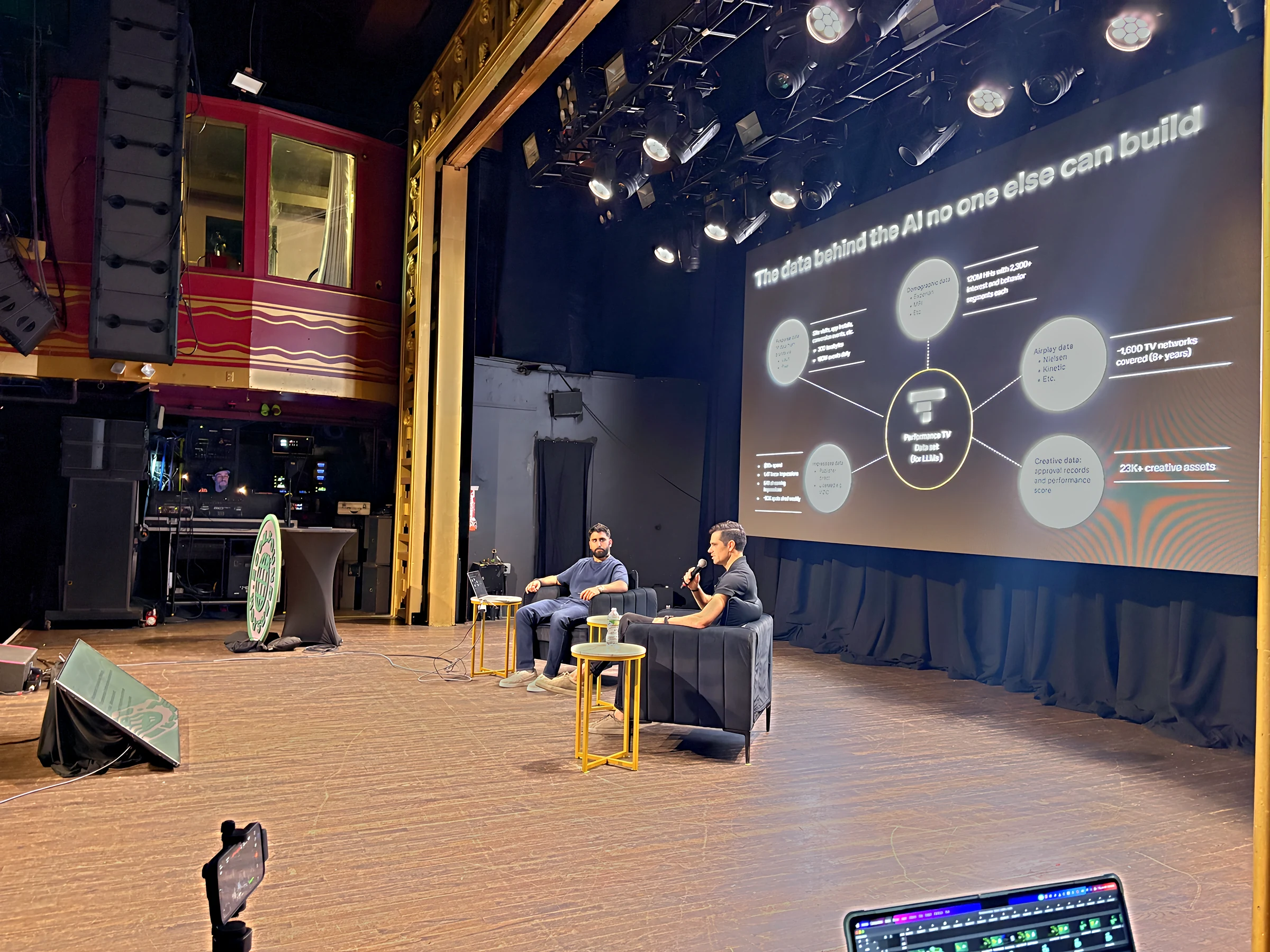 Fireside chat on the Webster Hall stage with a data diagram displayed across the LED wall behind the speakers.