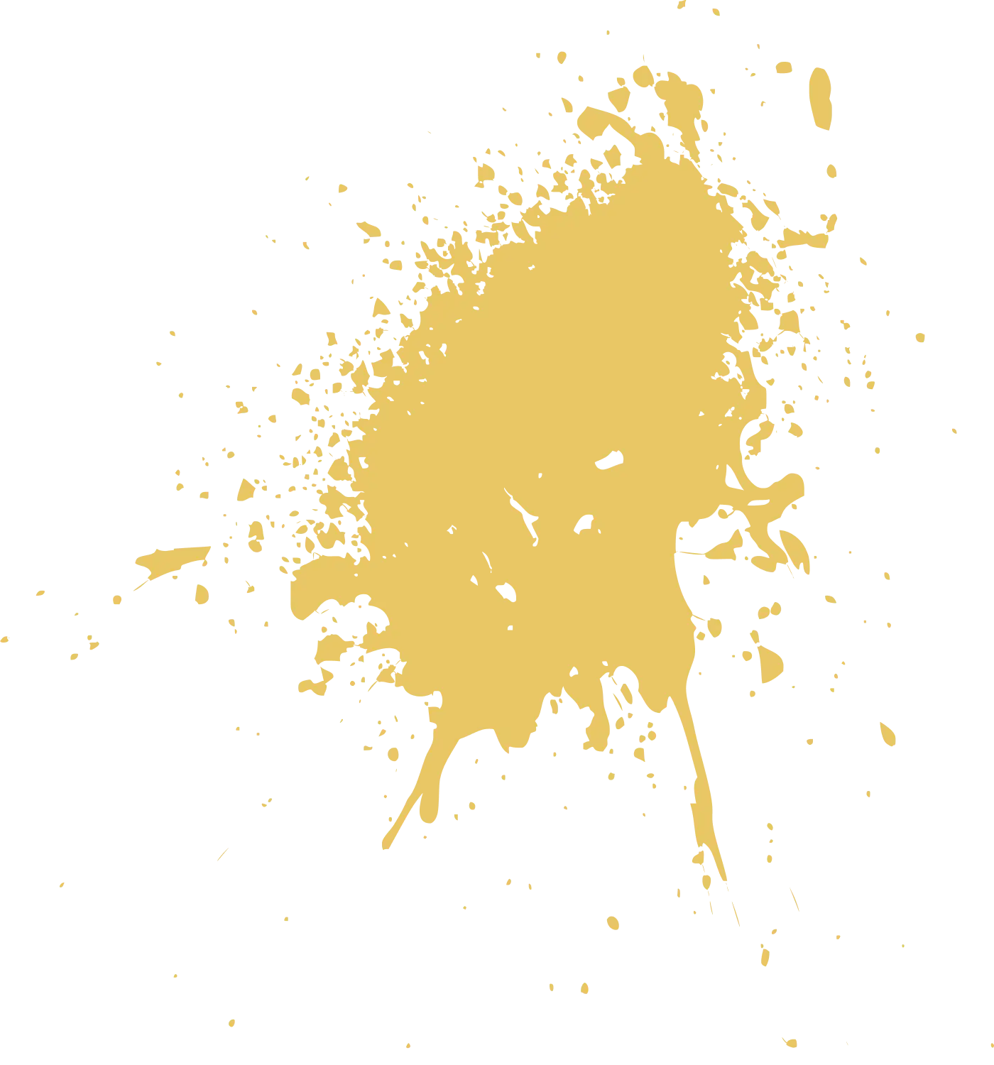 Large mustard yellow paint splatter with extended droplets on a black background.