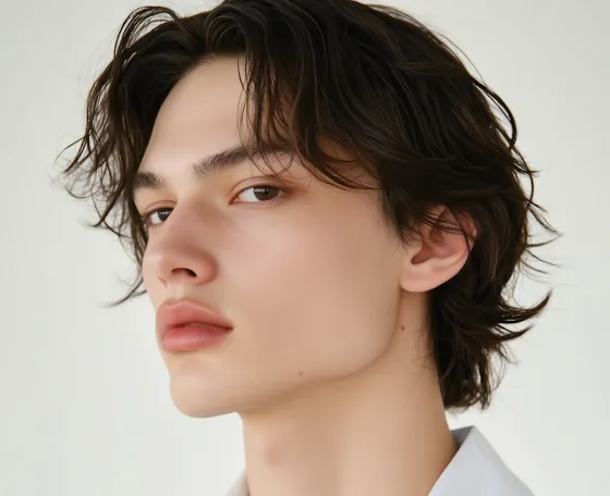 Close-up of a young person with wavy brown hair and smooth skin looking slightly to the side against a plain light background.