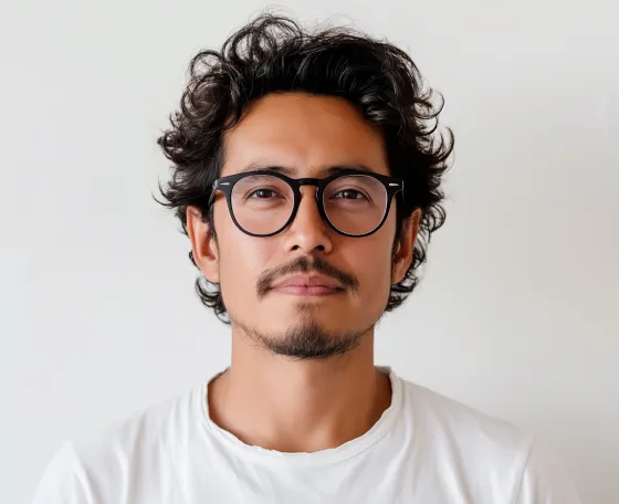 Man with curly hair and beard wearing round black glasses and a white t-shirt, looking at the camera.