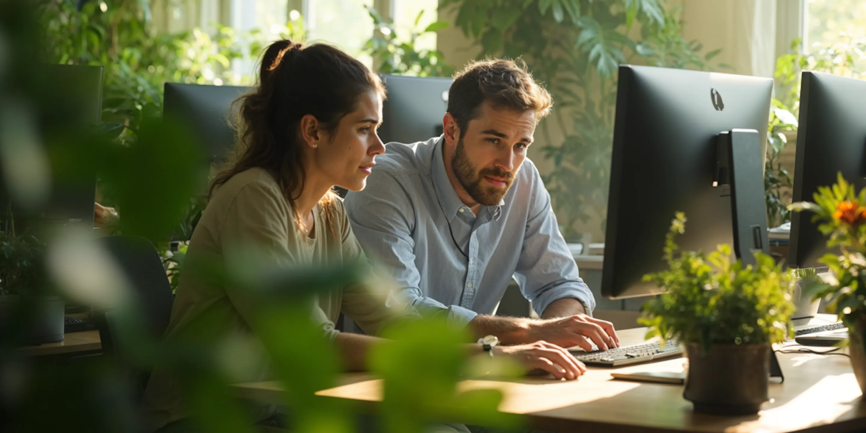 Two colleagues, a woman and a man, looking thoughtfully at a computer screen in a plant-filled office.