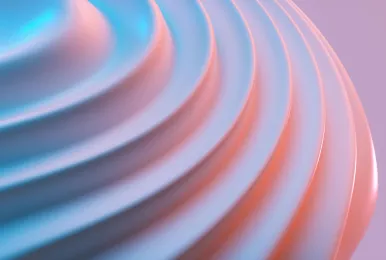 Close-up of concentric curved ridges with soft blue and pink lighting.
