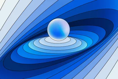 Blue orb floating above layered blue and white concentric shapes creating a tunnel effect.