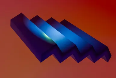 Abstract 3D blue geometric shapes with a gradient glow on a reddish background.