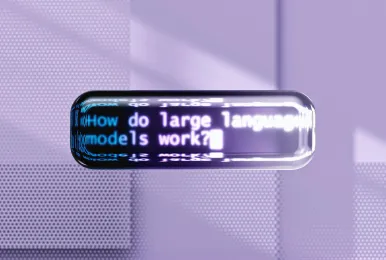 Glossy rectangular button with blurred text reading 'How do large language models work?' on a purple, textured background.