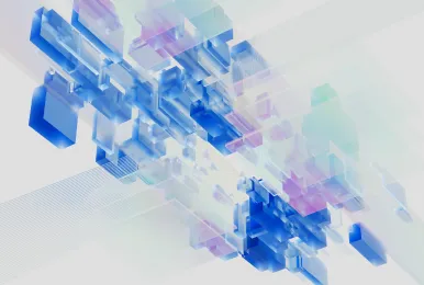 Abstract composition of translucent blue and purple 3D rectangular shapes floating diagonally on a light background.