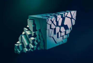 3D abstract fractured cube with irregular cracks and floating pieces on a dark background.