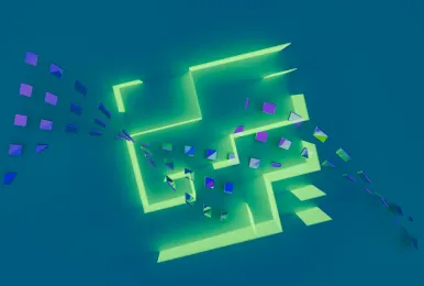 3D abstract composition featuring luminous green neon lines forming geometric shapes intertwined with floating purple and blue cubes against a dark background.