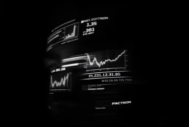 Dark interface displaying multiple white line graphs and financial data in a futuristic style.