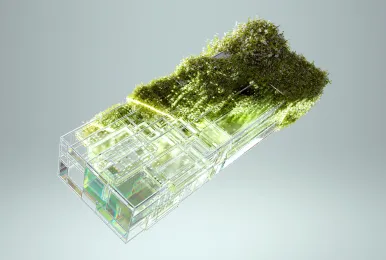 Transparent Ethernet plug with green moss growing inside and around it.