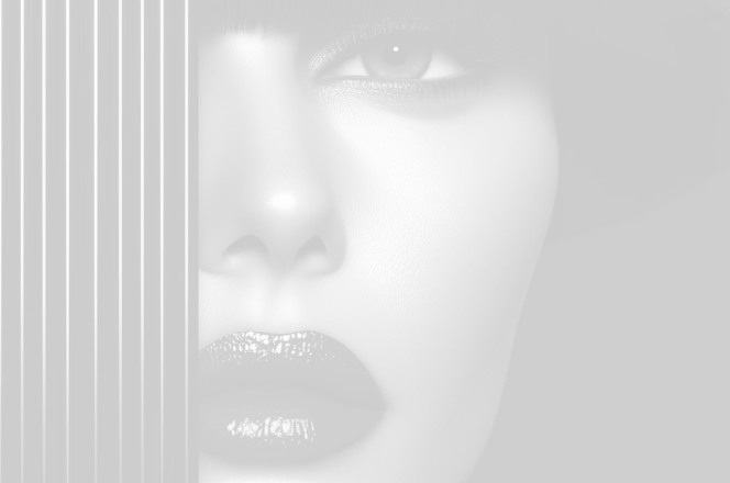 Black and white close-up of a woman's face with glossy dark lips and one eye visible behind vertical black bars.